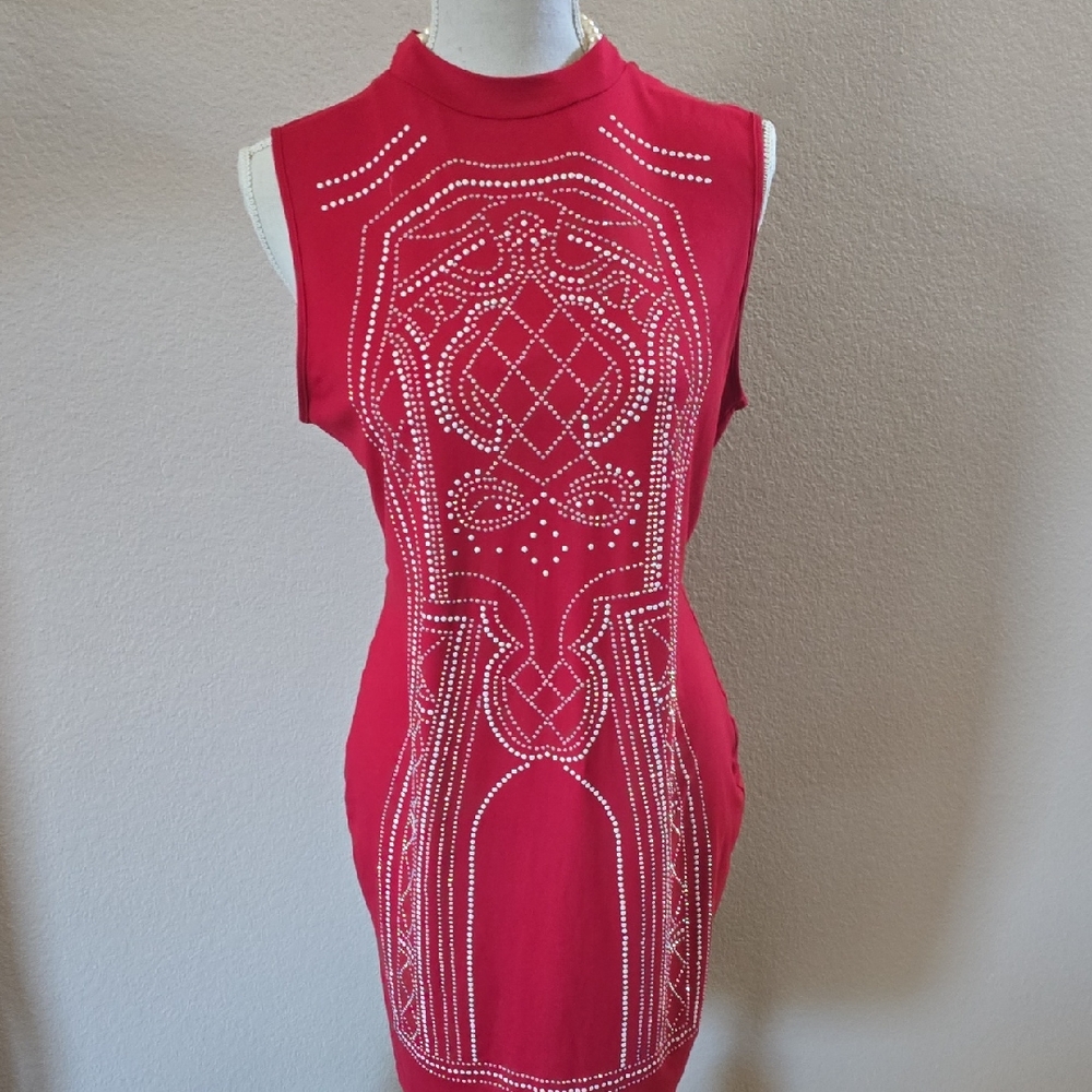 Say What? Red Mini Dress with White Pear Accents, Bling Out  Red Dress